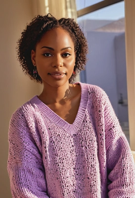 iPhone camera quality, sharp skin texture details, realistic textured face skin, wearing oversized 
 bright lilac loose-fitting knit vest with abstract pattern, romantic pose, blurry photostudio background, morning sun rays from the window