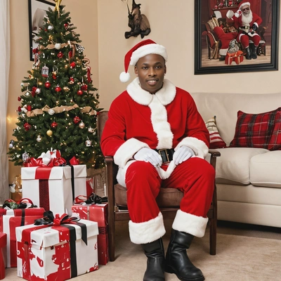 as a santa claus, dressed in a classic red and white suit with a black belt and boots, sitting in a cozy living room surrounded by presents