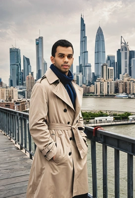 in a classic trench coat, standing on a bridge with an iconic city skyline behind