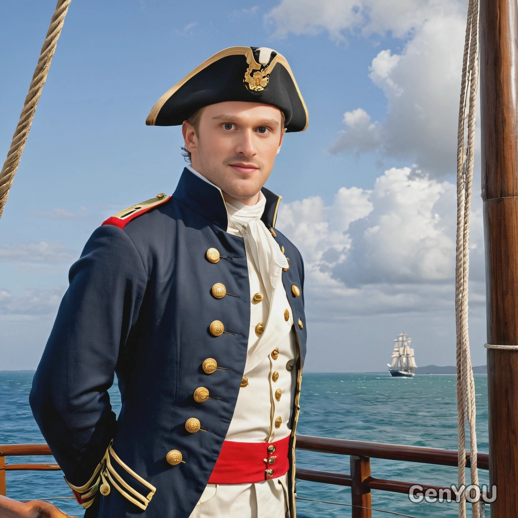 wearing an 18th-century military officer's uniform, standing on the deck of a tall ship with the sails billowing in the wind and the ocean stretching out behind him