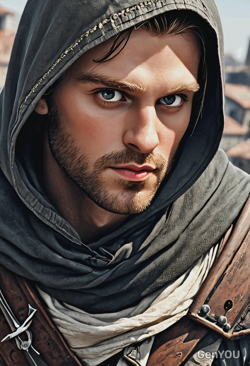 as an assasin from Assasin's Creed, on the roof, close-up, high-quality stylized art, visible brushstrokes, eyes on you, cartoonish style