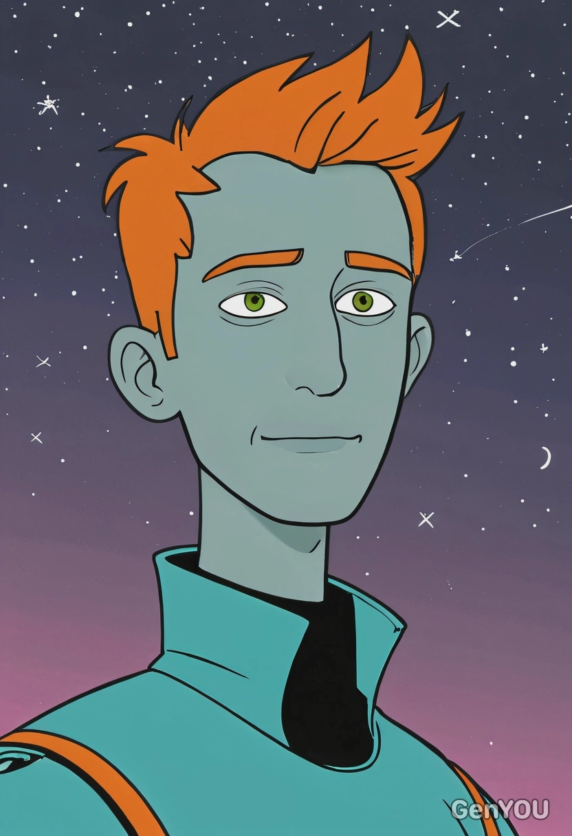 Hand-drawn flat cartoon style, Fry from Futurama, simple cartoon lines, oversized eyes, neon spaceship lighting, waist-up portrait, Planet Express background