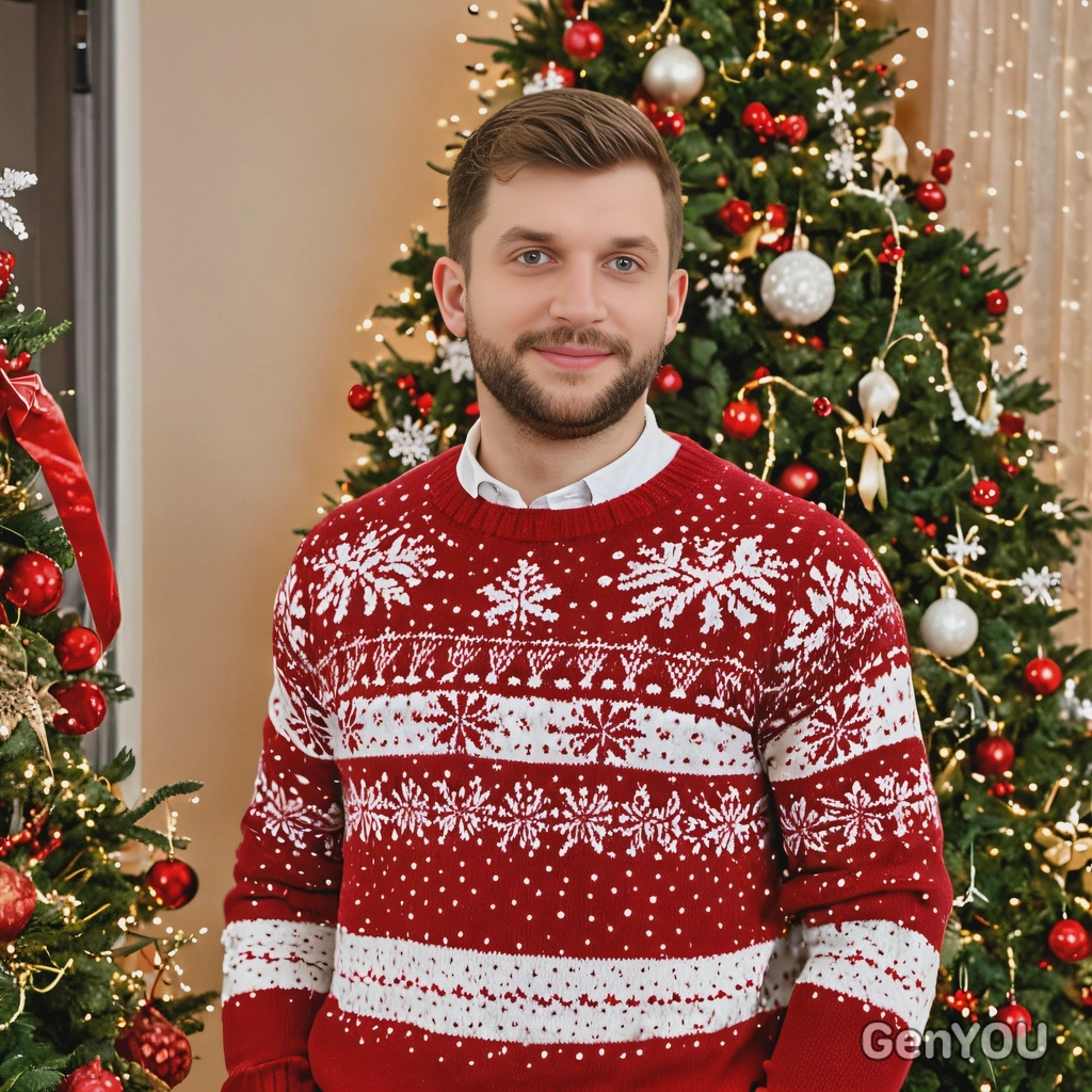 wearing a cozy red sweater with snowflake patterns, standing in front of a beautifully decorated Christmas tree with twinkling lights and wrapped presents underneath