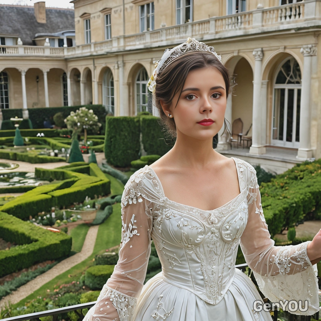 wearing a Regency-era ball gown with delicate embroidery, standing on a grand terrace with manicured gardens 