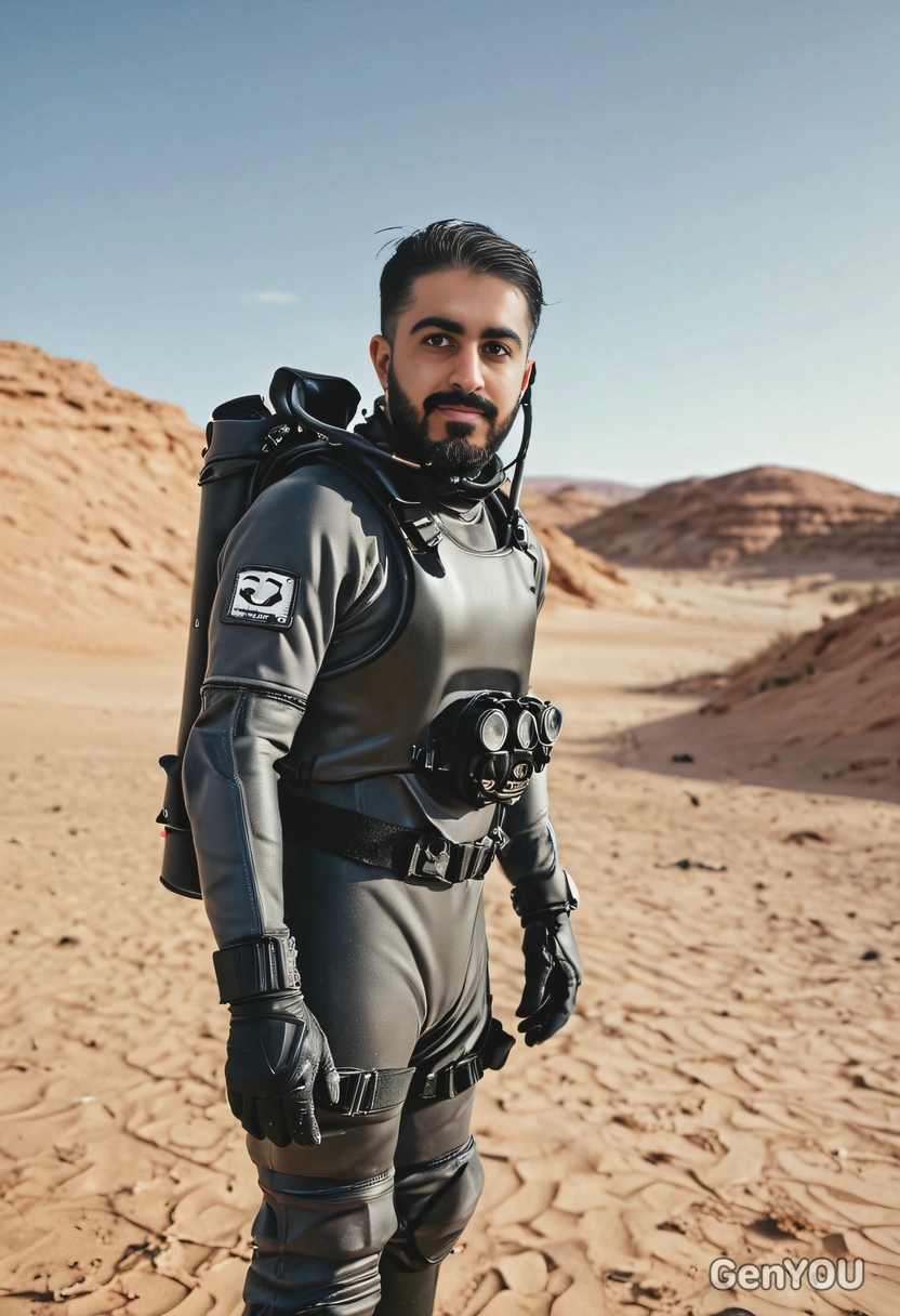 wearing full scuba gear, standing in a desert, blurred background, cinematographic style