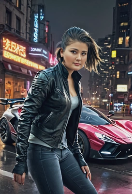 A street racer near a glowing flying hovercar, leather jacket, cyberpunk, half-body, blurred background
