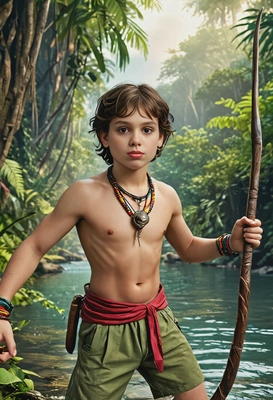 as Mowgli, in the jungle, river behind, with spear in hand, tooth necklace, close-up shot, eyes on center, vivid colors, symmetrical clothing details, 3D video game style, high-quality stylized art