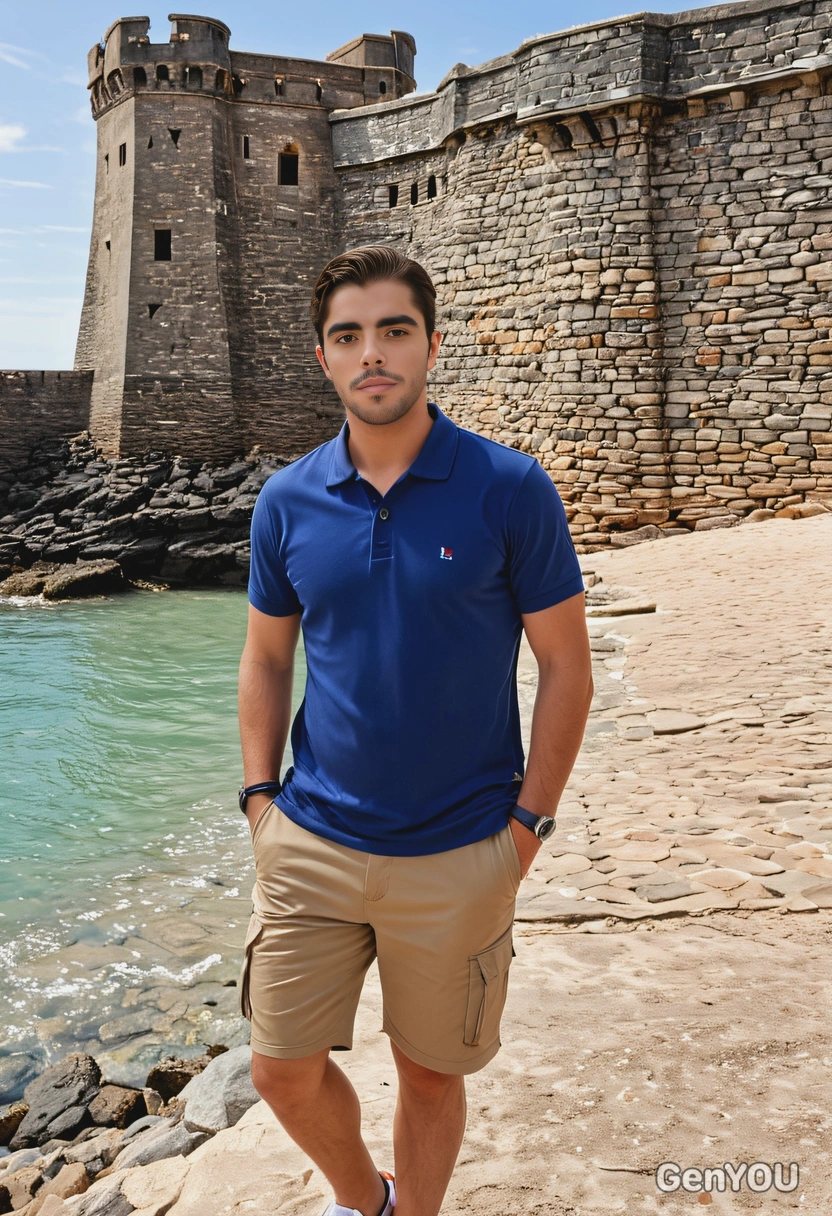 in a polo shirt and Bermuda shorts touring a historic seaside fort, hands in pockets, mid-shot 