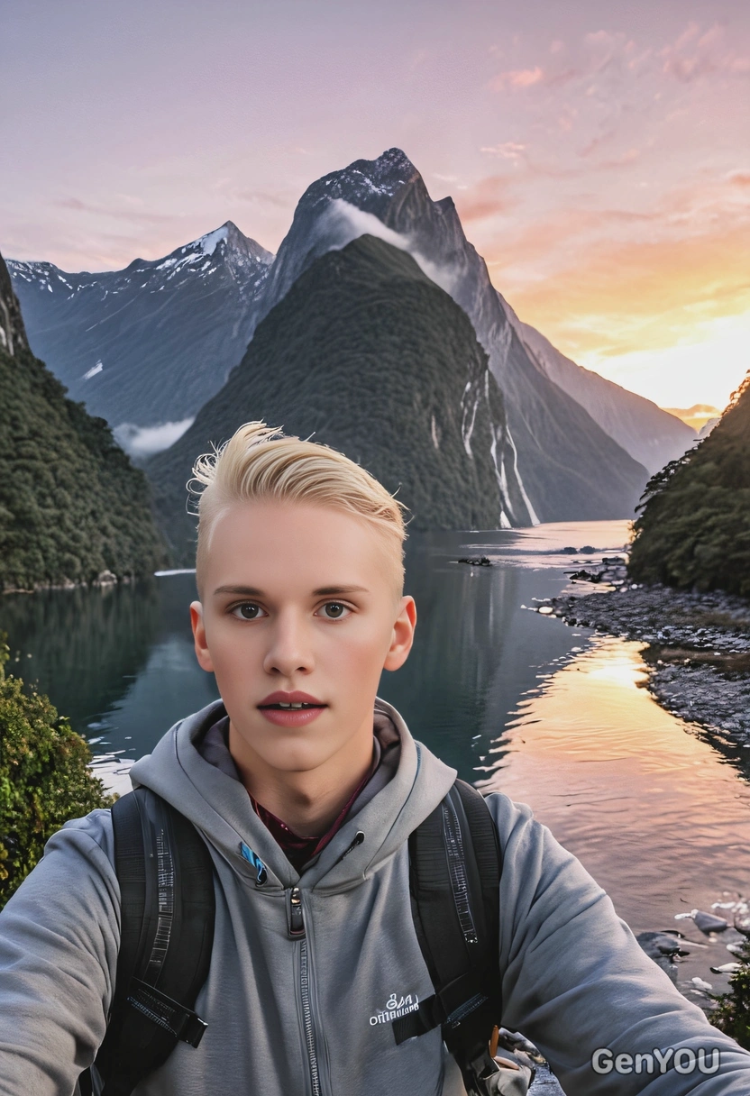 as a traveler, greets the dawn at the Milford Sound in New Zealand, look at the camera