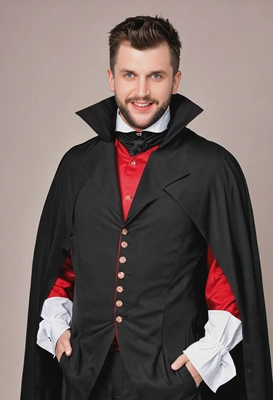 dressed as Drakula in a black high-collared cape, crisp white shirt, red vest, piercing eyes and pale complexion, slicked-back hair, full body image