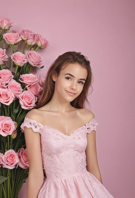 as love nymph on a Valentine's day, romantic soft pink dress, sharp professional high-quality photo, indoor lighting, fresh flowers background, mid-body shot
 