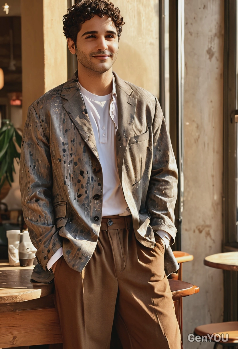 iPhone camera quality, sharp skin texture details, hyperrealistic textured face skin, wearing stylish baggy oversized loose-fitting suit jacket with artsy paint blots, and brown wide leg pants, creative posing, blurry hip french cafe background, morning sun rays from the window