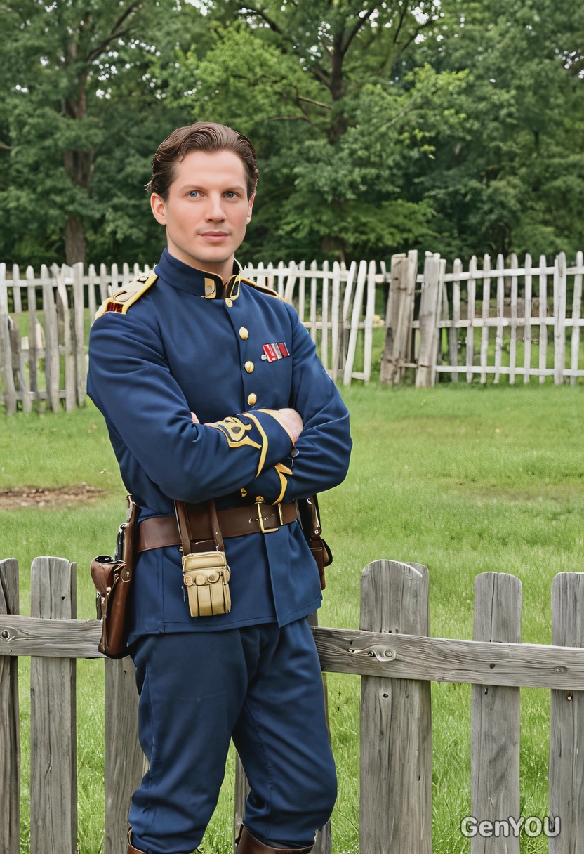 wearing a Civil War-era Union soldier uniform, standing beside a wooden fence with a battlefield in the distance