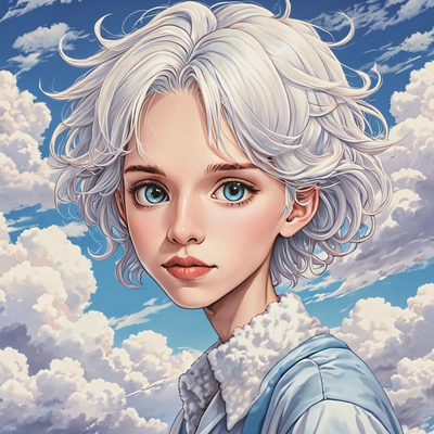 on fluffy clouds, anime style, big eyes, manga drawing