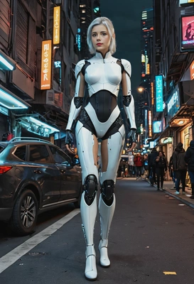 A futuristic courier with cybernetic legs, in a crowded cyberpunk street at night
