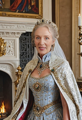 a regal queen in an opulent throne room, standing beside a large fireplace, her royal cape flowing behind her, close up portrait 