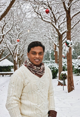wearing a cozy white sweater and boots, standing in a snowy landscape in the foreground and holiday decorations in the trees