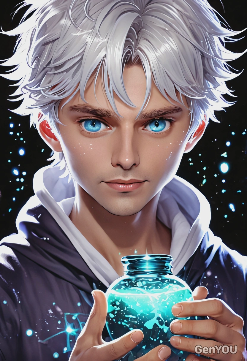 holding a glowing magical potion, with sparkling effects, anime style, big eyes, manga drawing