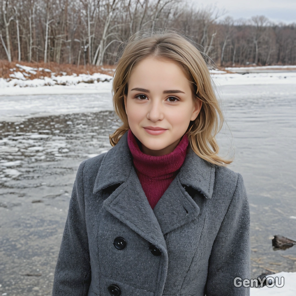in a wool coat, standing by a frozen lake, mid-shot 