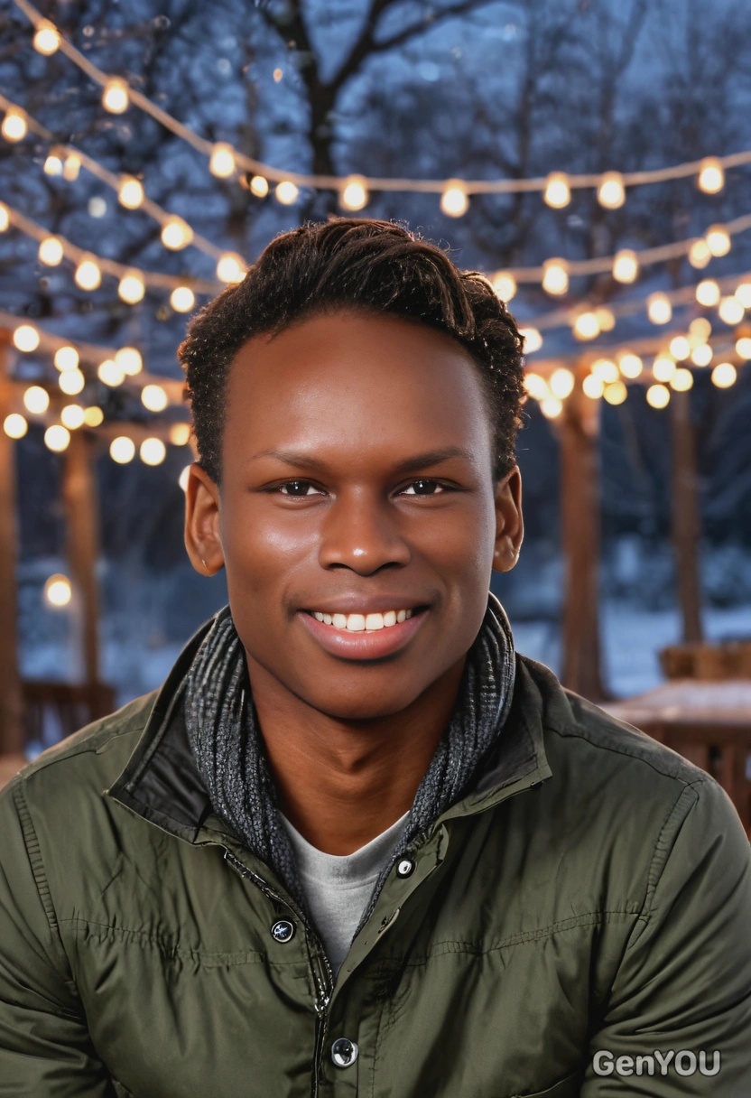 mid-shot, smiling, dining outdoors under twinkling string lights, in winter, soft focus background 