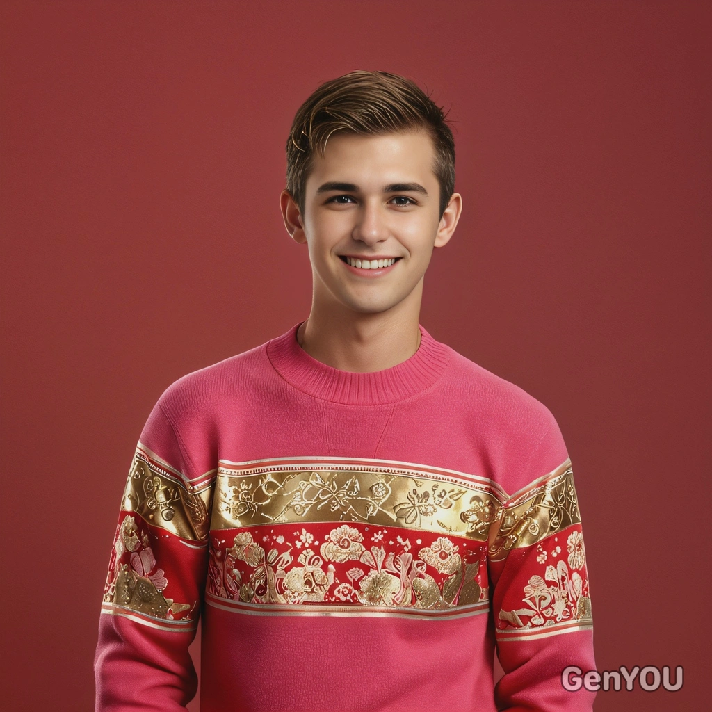 Full-body playful Lunar New Year portrait of me, clean-shaven, lean athletic, wearing a fitted red or pink sweater with gold detail, relaxed stance, teasing grin, festive red backdrop with subtle spark effects, bright warm lighting, ultra-realistic