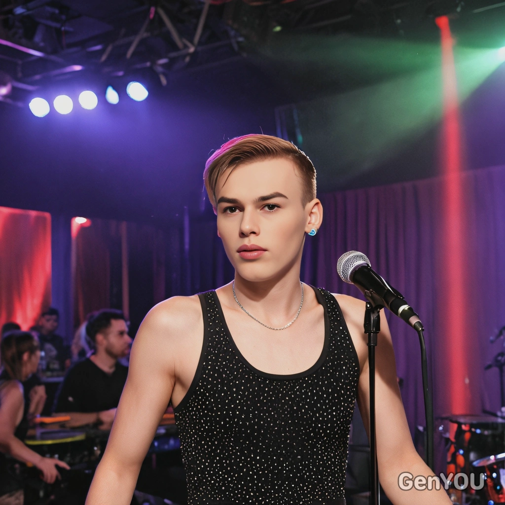 A solo performer practicing a song on stage at a vibrant night club