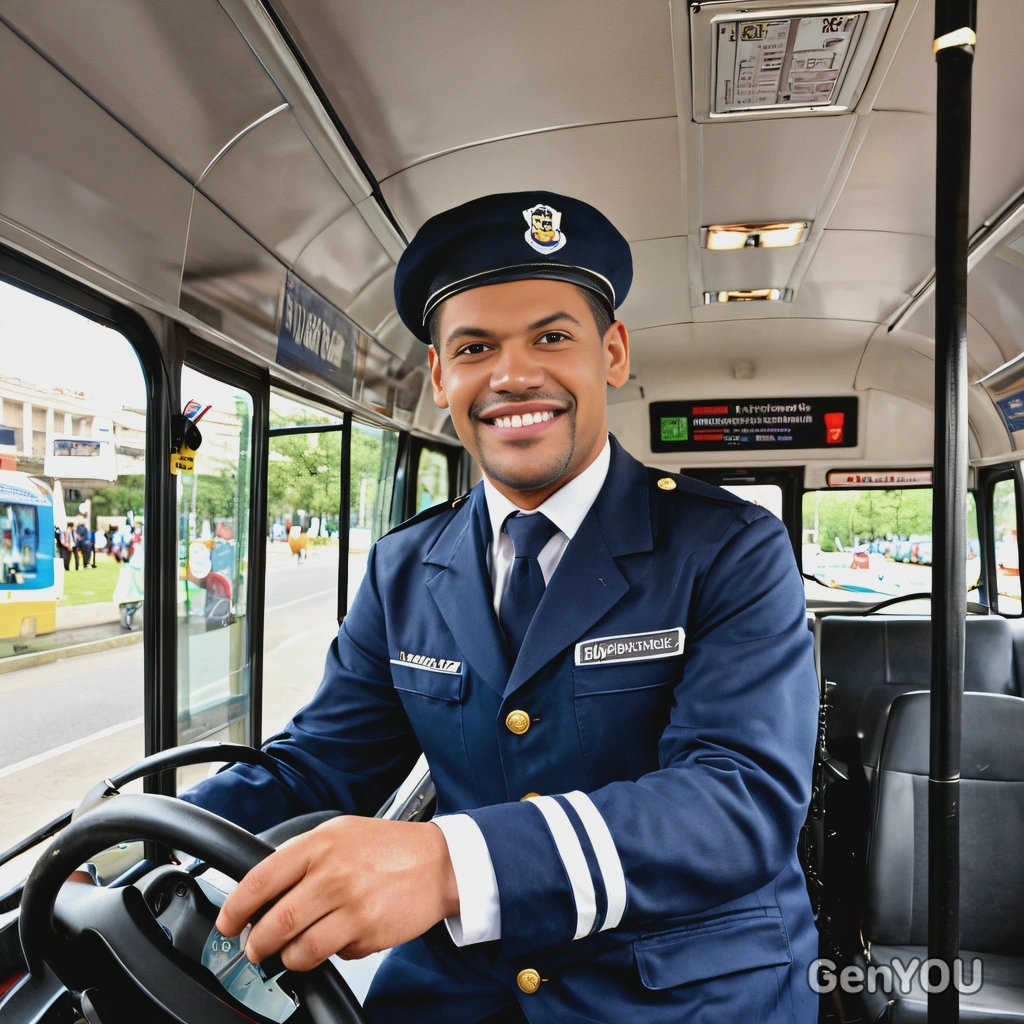 as a bus driver in a neat uniform, sitting in the driver’s seat of a city bus, greeting passengers with a friendly smile as they board