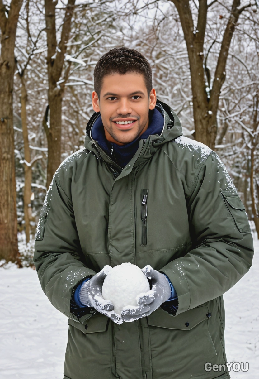smiling, in a parka and snow pants, holding a snowball in a wintery park
