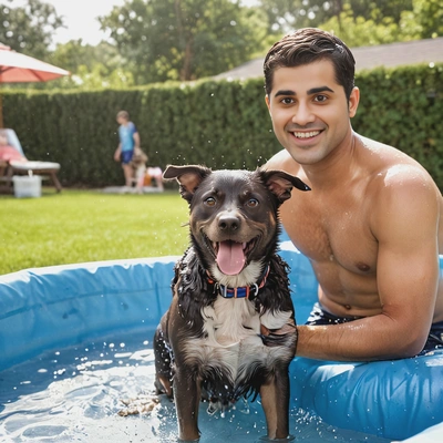 hosting a summer pool party, his dog splashing in a shallow kiddie pool, soft focus, blurred background