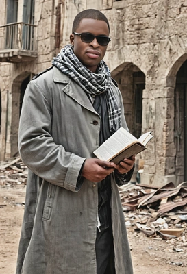 as a cosplayer of Denzel Washington in The Book of Eli, wearing sunshades, old tattered dirty gray trench coat, checkered scarf, holding Bible in hands, walking, blurred ruins of a town behind, high-quality cinematographic style