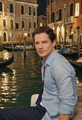 sitting in Venice, with the soft glow of the city's lights reflecting on the water, mid shot photo