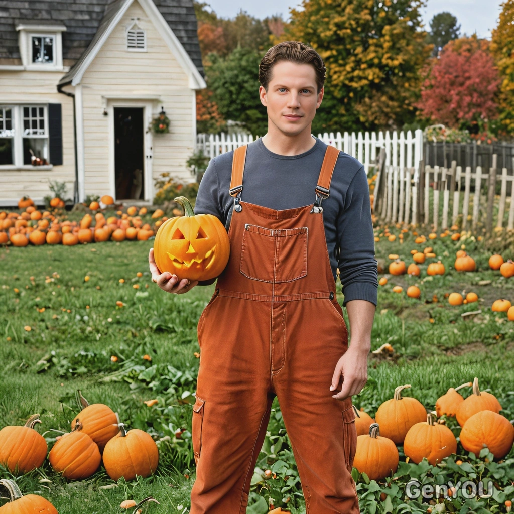 As Peter the Pumpkin Eater, wearing overalls and holding a pumpkin, standing in a field of pumpkins with a small house in the background