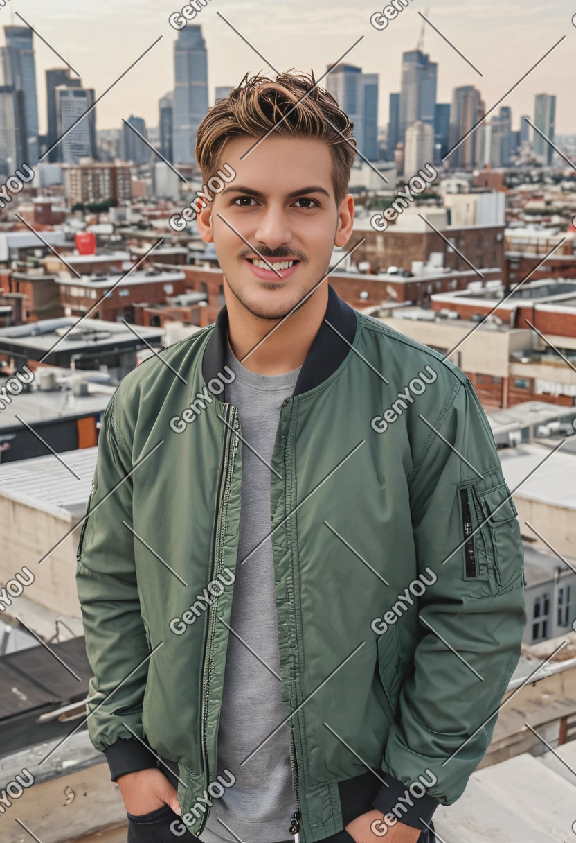 mid-shot, smiling, in a casual bomber jacket, on an urban rooftop with cityscape behind