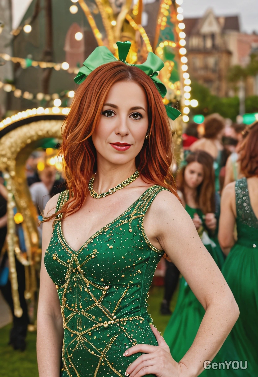 sharp high-quality, full-body photo, fizzy red hair, in a green dress with gold rhinestones, blurred ST Patrick's Day carnival background, golden hour