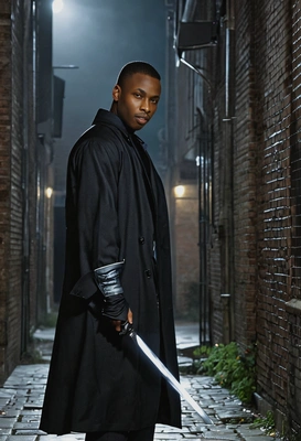 Blade in a dark alley, in black coat, with a sword glowing under the moonlight