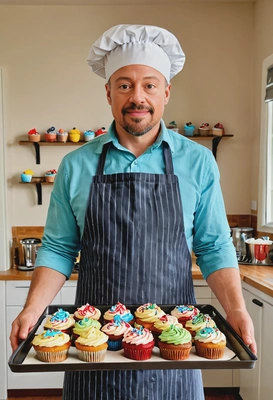 as a cheerful baker, apron, baker hat, holding a tray of freshly baked cupcakes, colorful kitchen, looking directly into the camera, symmetrical clothing details, cartoon style, high-quality stylized art