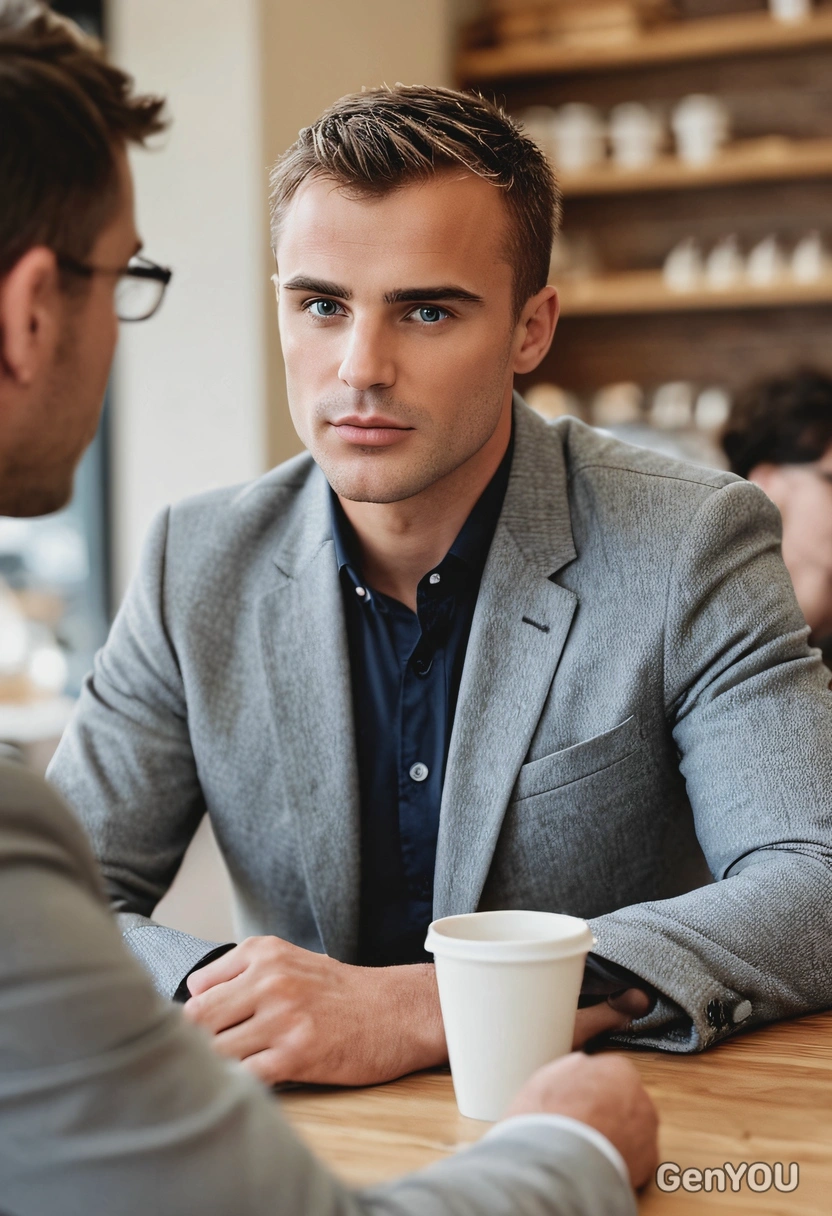 having a casual business meeting at a coffee shop, blazer, discussing ideas over coffee, blurred background