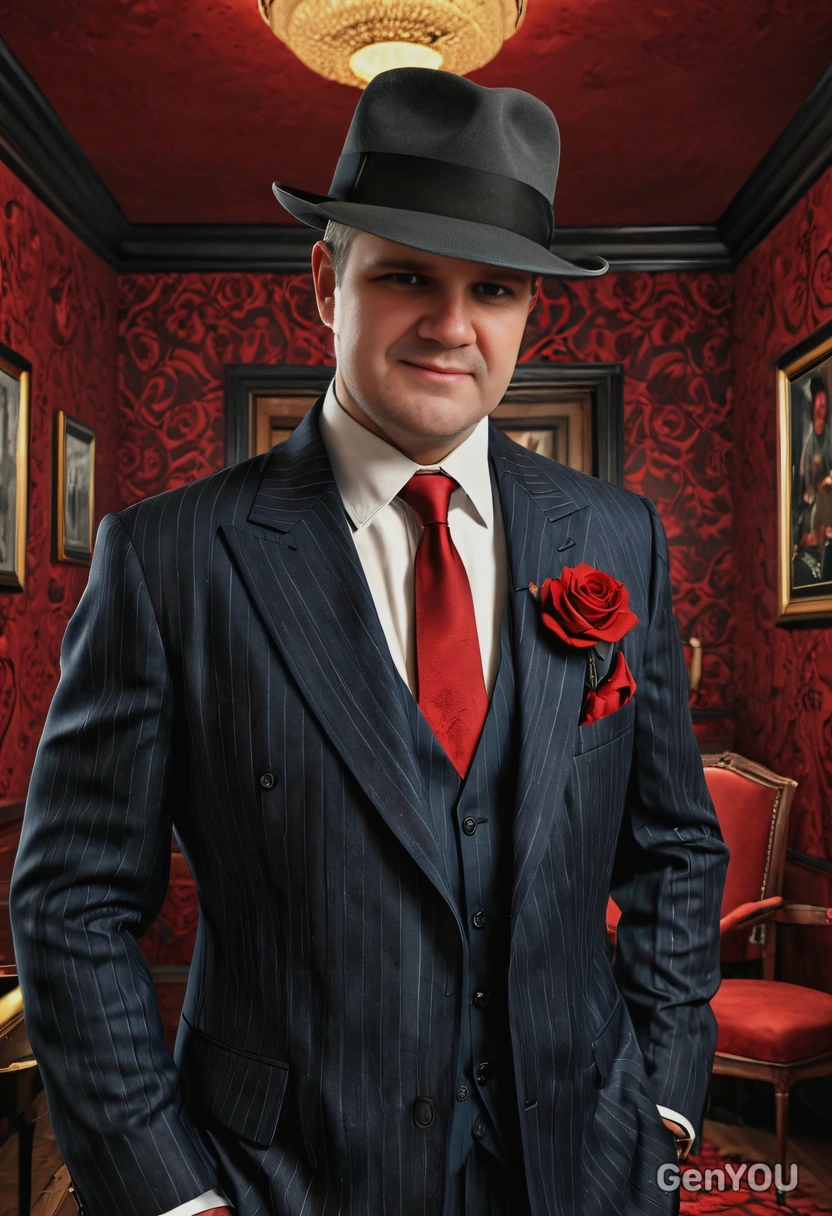 As a godfather mob boss in a pinstripe suit, fedora hat, dark Italian room, red rose in pocket, smoking a cigar, looking at you, smiling, vivid colors, symmetrical clothing details, video game style, high-quality stylized art