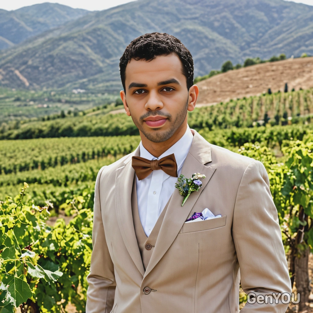 as a groom in a tan suit with a bowtie, standing in a vineyard with rolling hills in the background