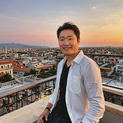 A solo traveler enjoying a sunset view from a luxury rooftop party