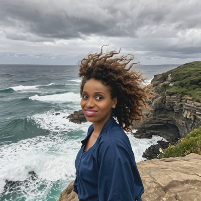 standing on a cliff overlooking the ocean, with the wind in their hair and waves crashing below