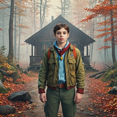 as a scout, standing at the edge of a mysterious foggy forest, old cabin on background, autumn, looking directly at you, vivid colors, symmetrical clothing details, video game style, high-quality stylized art