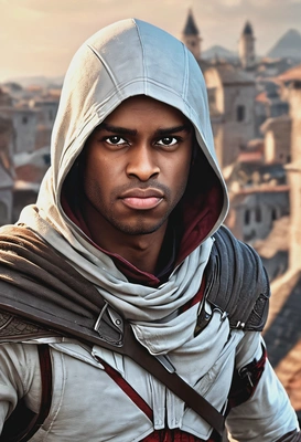as an assasin from Assasin's Creed, on the roof, close-up, high-quality stylized art, visible brushstrokes, eyes on you, cartoonish style