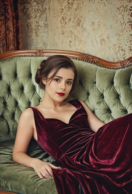 in a velvet gown lounging on a vintage chaise lounge, blurred background, soft focus