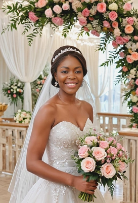 as a bride, entering the reception venue, flower decoration on background, pastel colors, blurred background,