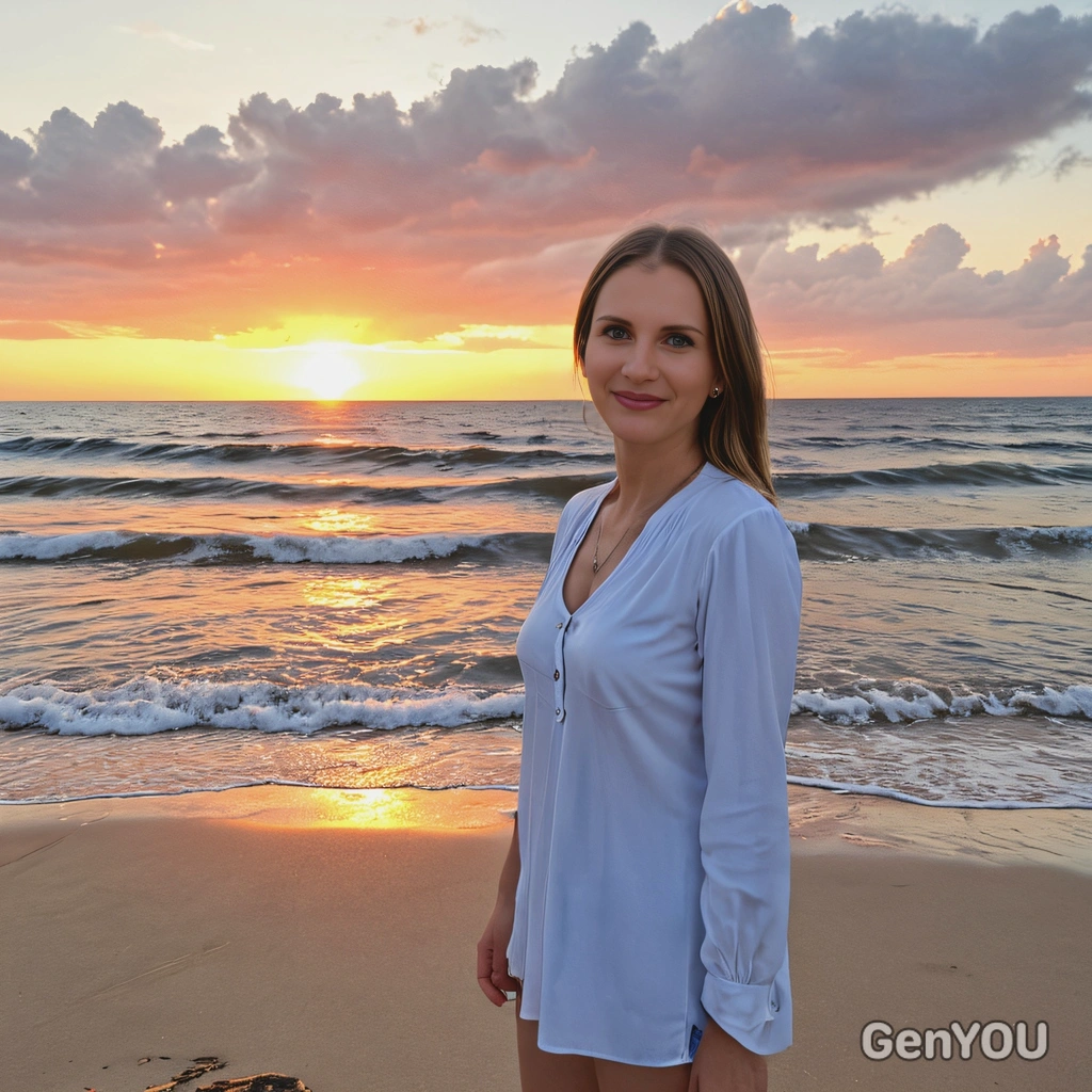 standing on a sandy beach, sunset
