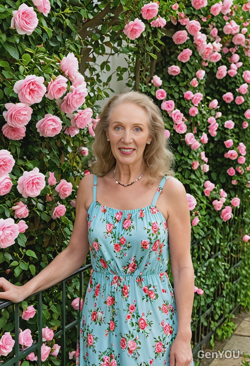 in a floral sundress, standing beside a garden trellis covered in climbing roses, the sweet fragrance of spring blooms filling the air, mid shot photo