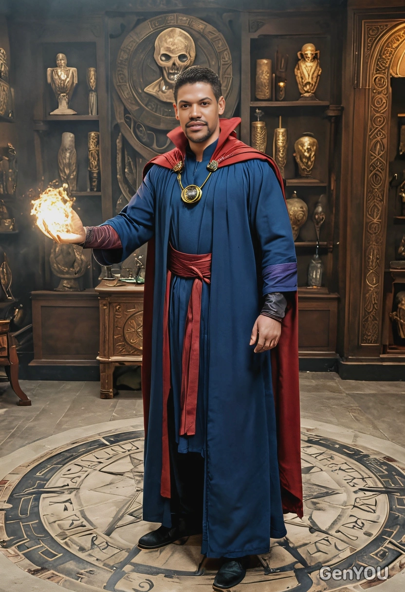 as Doctor Strange, wearing his mystic robes and cape, casting a spell in a room filled with ancient artifacts, portait