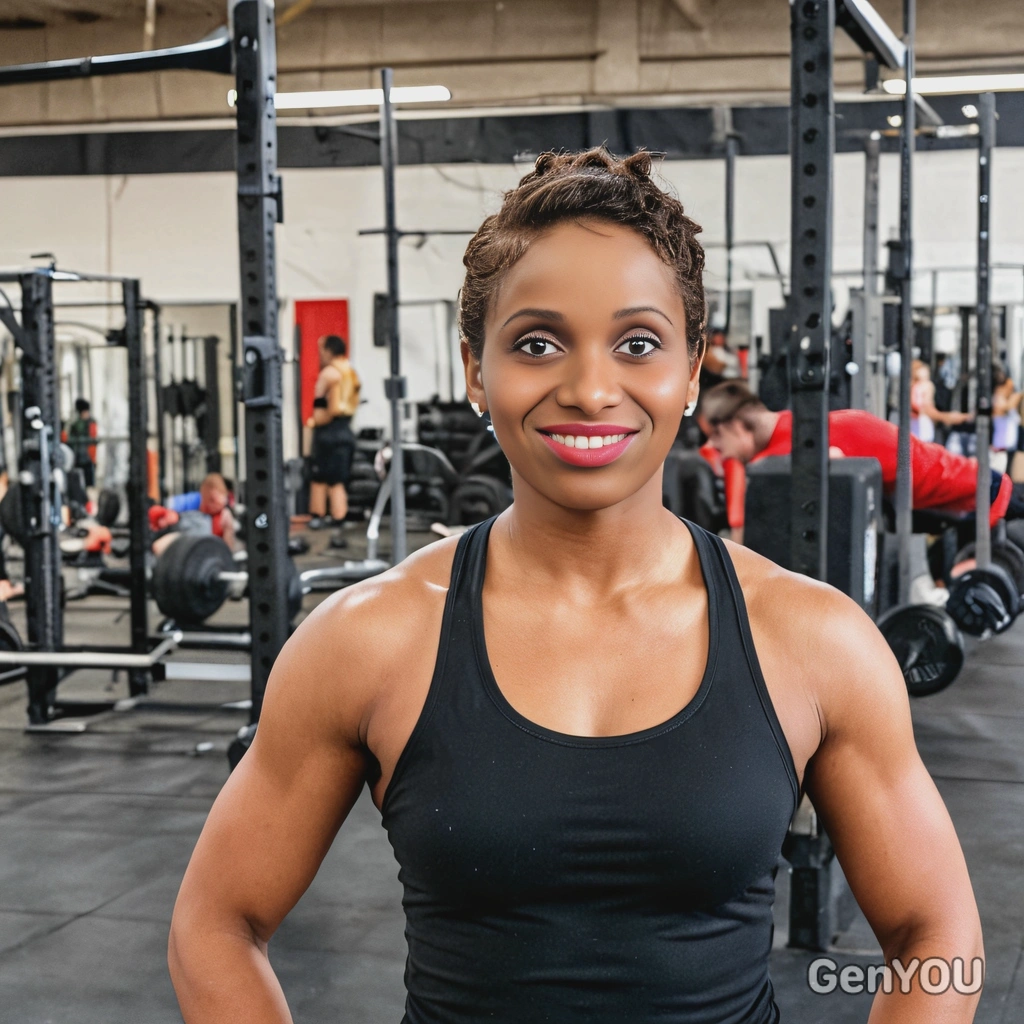 as a woman, in a CrossFit gym on the background