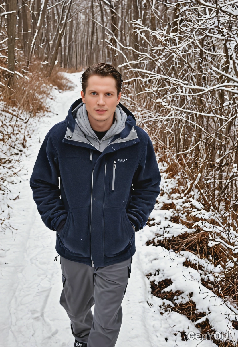 in a fleece jacket, walking down a snowy trail, looking at viewer 